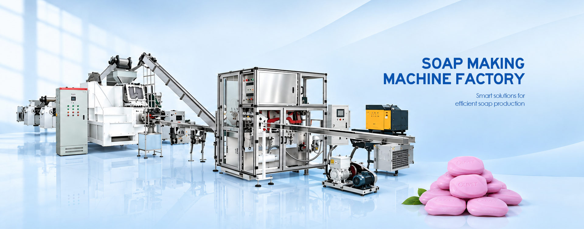 Industrial automatic soap making machine price banner showing complete factory production line